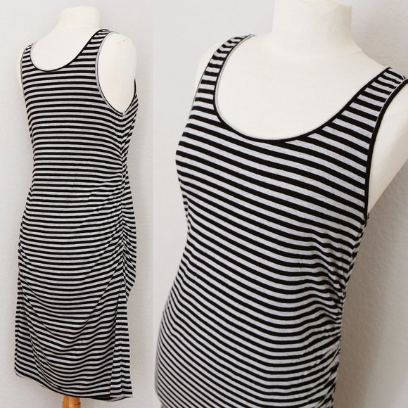 Liz Lange Maternity Gray Black Striped Ruched Gathered Sleeveless Midi Dress S - Picture 6 of 9